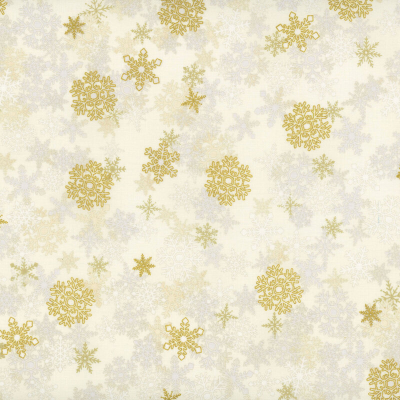 Cream fabric with tonal snowflakes and gold accents.