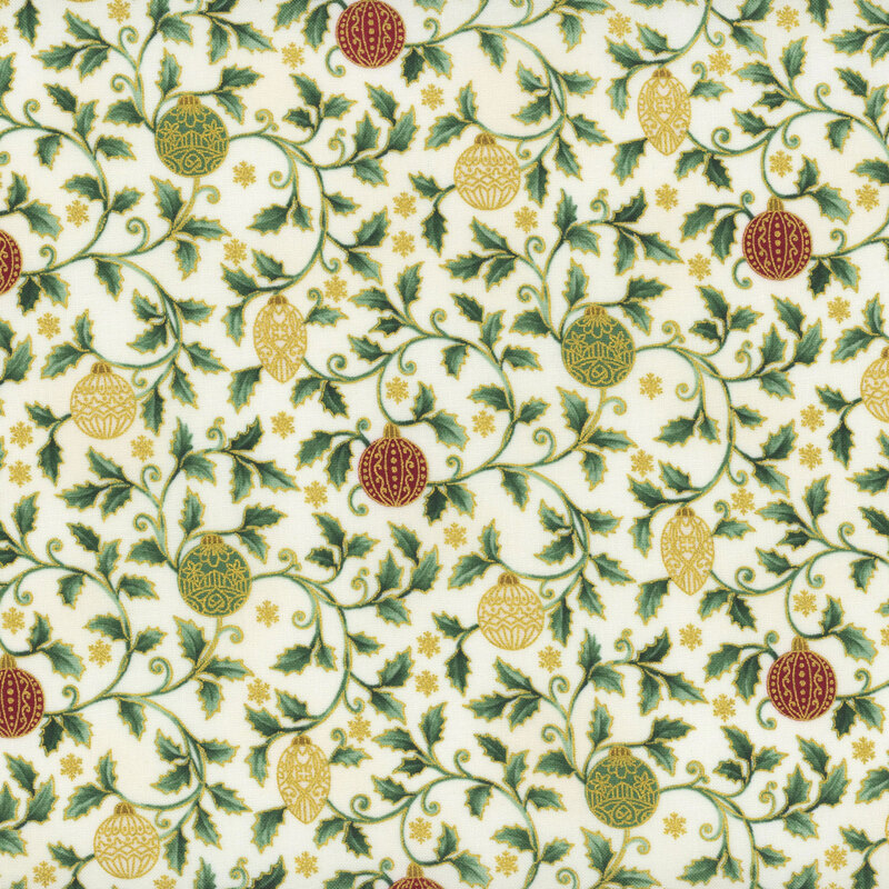 Cream fabric with red and green ornaments and gold accents.