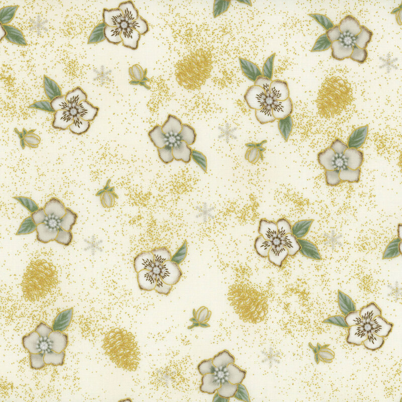 Cream fabric with tonal roses, pinecones, and gold metallic accents.