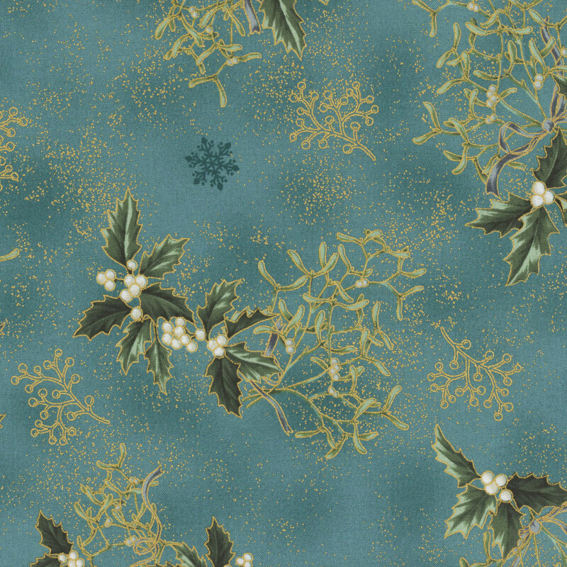 Rich teal fabric with tonal mistletoe and holly.