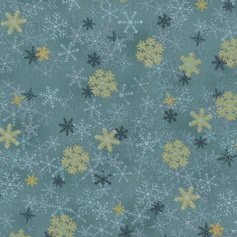 Teal fabric with tonal snowflakes and gold accents.