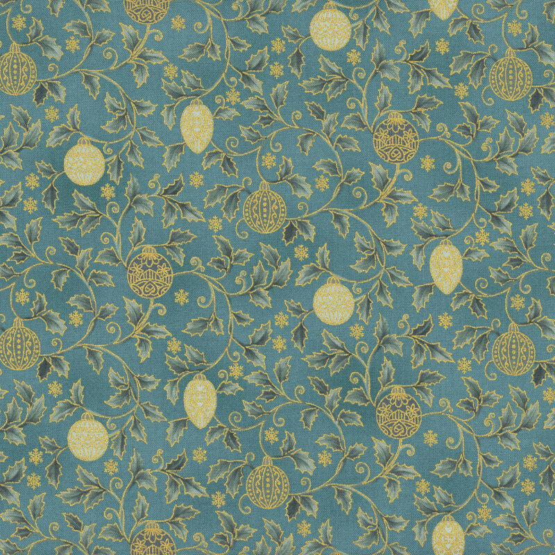 Teal fabric with tonal ornaments and gold accents.