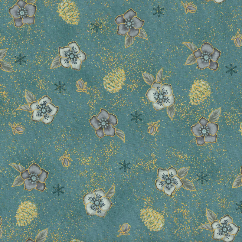 Teal fabric with tonal roses, pinecones, and gold metallic accents.