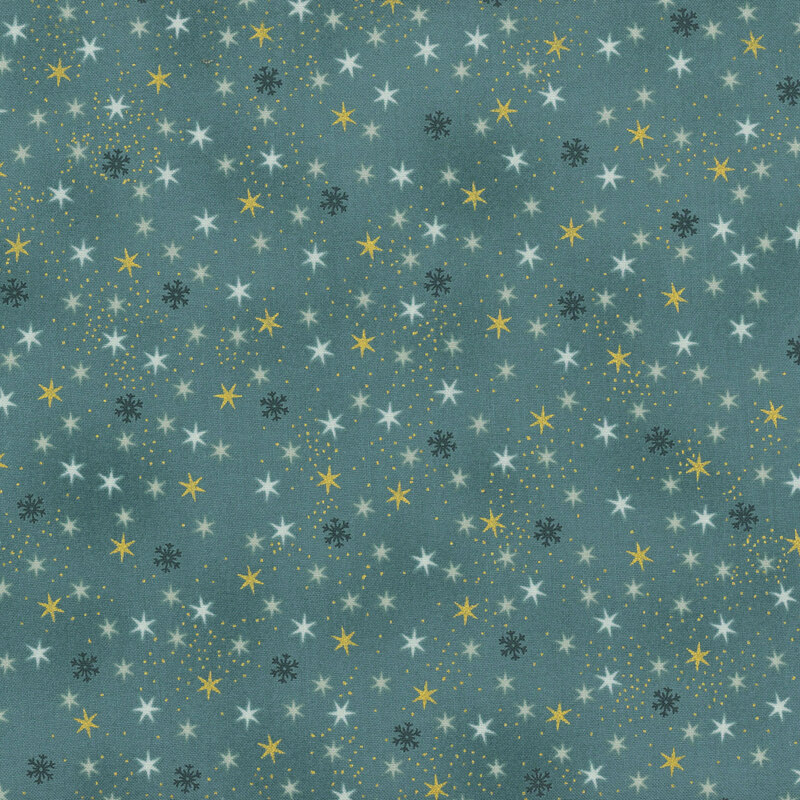 Teal fabric with tonal and gold metallic stars.