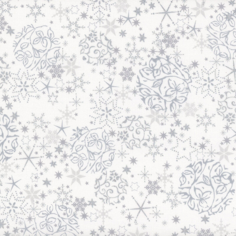 White fabric with tonal gray and silver metallic snowflake and ornaments.