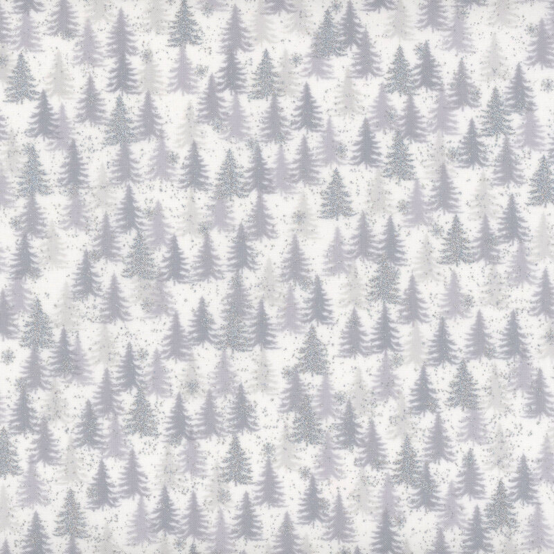 White fabric with gray and silver metallic trees.