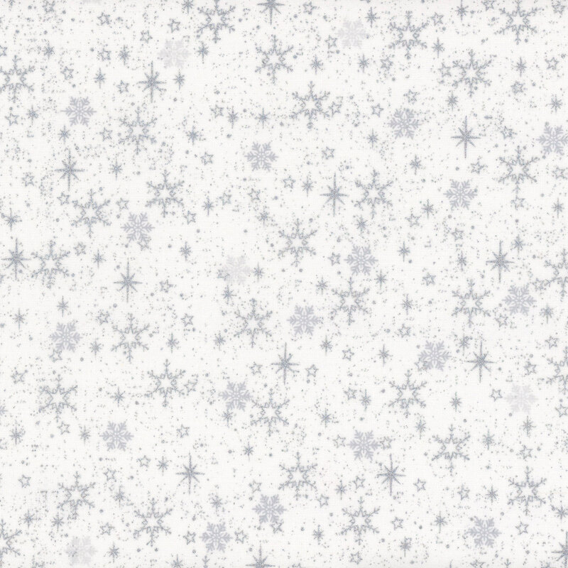 White fabric with gray and silver metallic snowflakes and stars.