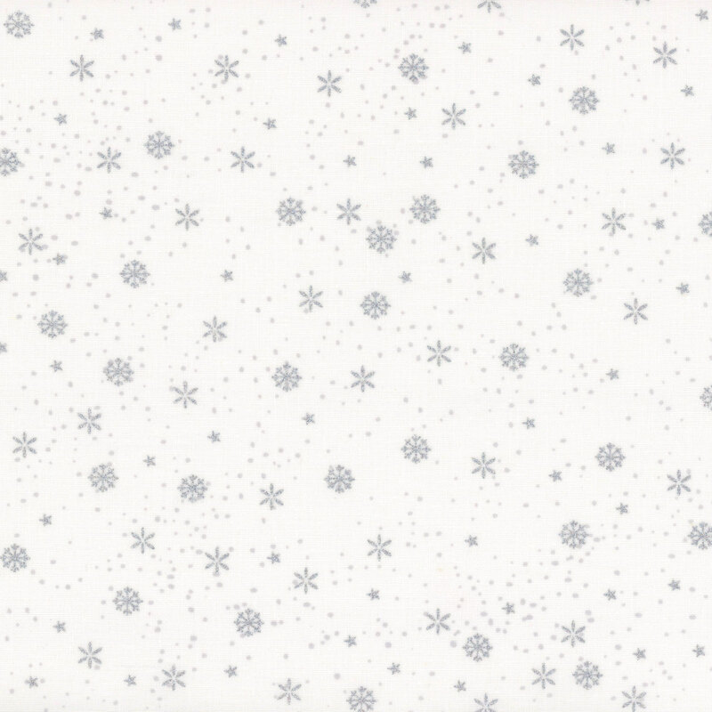 White fabric with gray and silver metallic tossed snowflakes and stars.