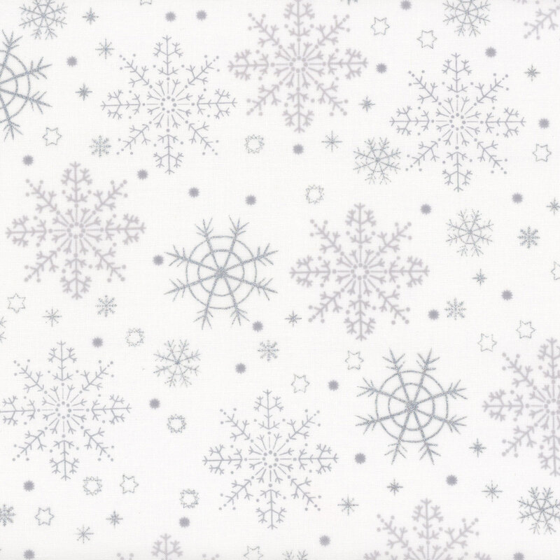 White fabric with gray and silver metallic large snowflakes.