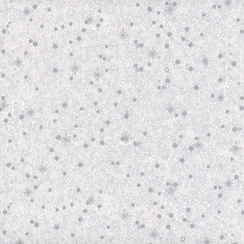 White fabric with gray and silver metallic dots, circles, and stars.