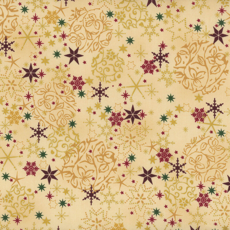 Warm beige fabric with stars, snowflakes, and ornament impressions with gold metallic accents.