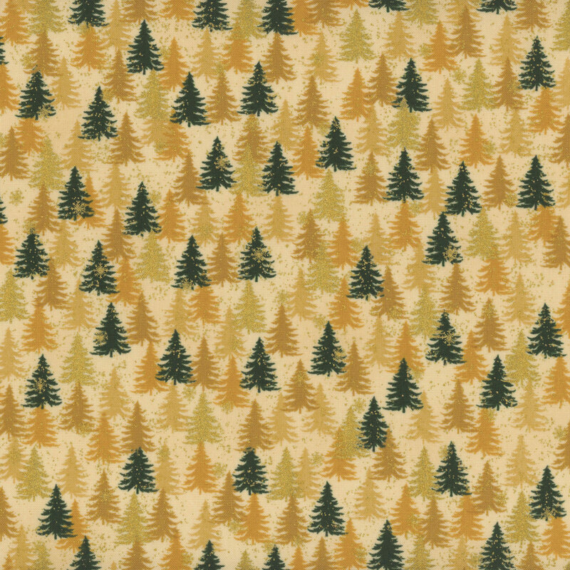 Warm beige fabric with tonal, evergreen, and gold metallic pine trees.