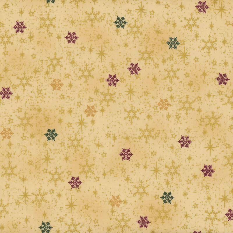 Warm beige fabric with red, green, and tonal snowflakes with gold metallic accents.