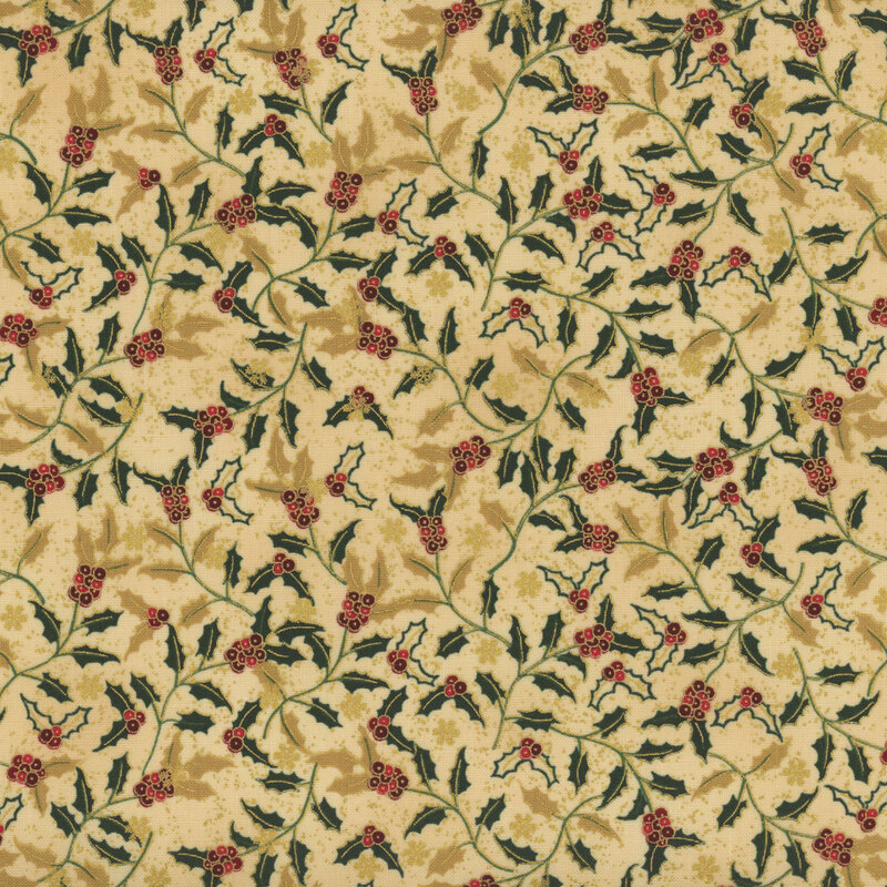 Warm beige fabric with green and tonal holly leaves, red berries, and gold metallic accents.