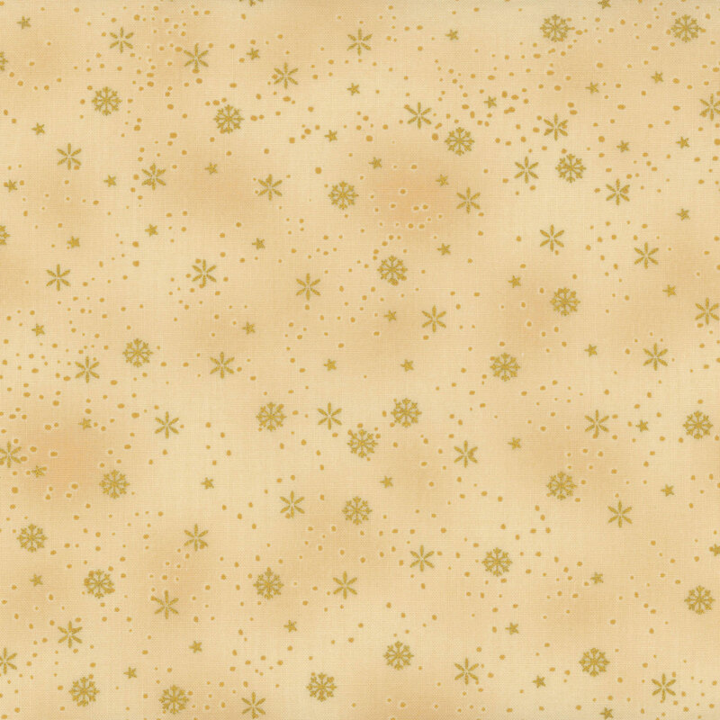 Warm beige fabric with gold metallic accented snowflakes and pin dots.