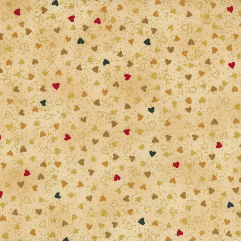 Warm fabric with tossed hearts in red, green, tonal beige, and gold metallic accents.