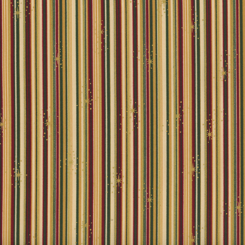 Warm beige, red, green, and gold metallic stripe print.