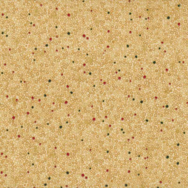 Warm beige fabric with packed tonal, red, and green circles and dots with gold metallic accents.