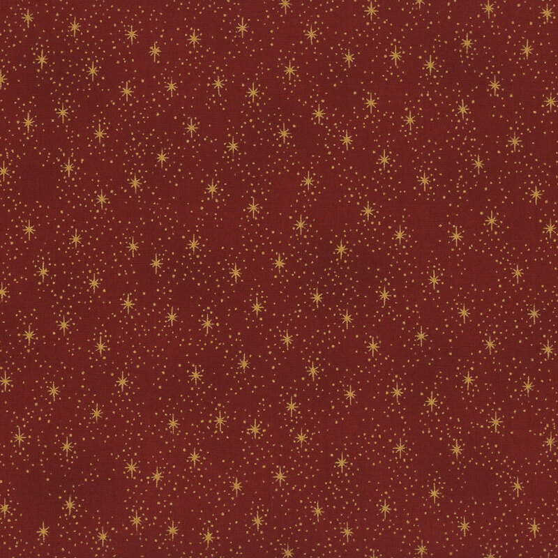 Deep red fabric with gold metallic stars and pin dots.