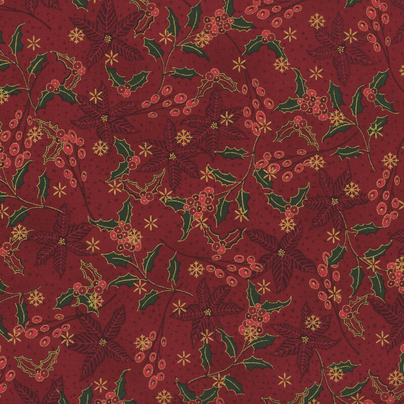 Deep red fabric with tonal poinsettias, green holly, red berries, and gold metallic accents.