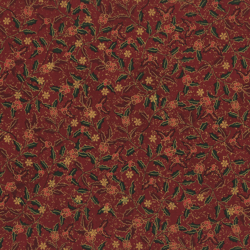 Deep red fabric with tonal and green holly leaves and gold metallic accents.