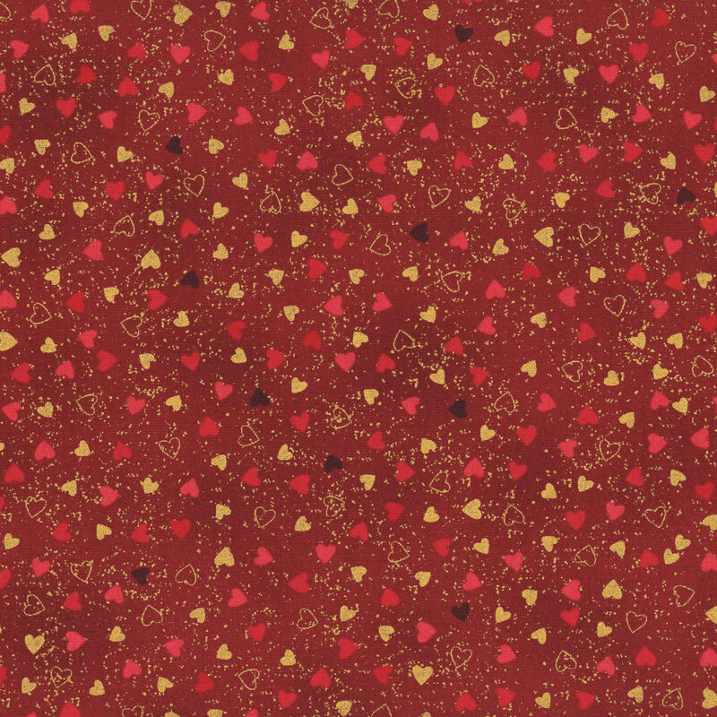 Deep red mottled fabric with tossed tonal and gold metallic hearts.