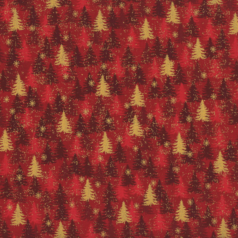 Deep red fabric with tonal and gold metallic pine trees.