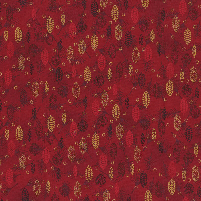 Mottled maroon fabric with tonal and gold metallic pine cones and branches.