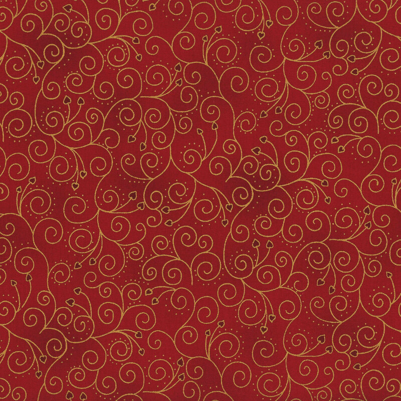 Mottled maroon fabric with scrolling gold metallic vines and tonal hearts.