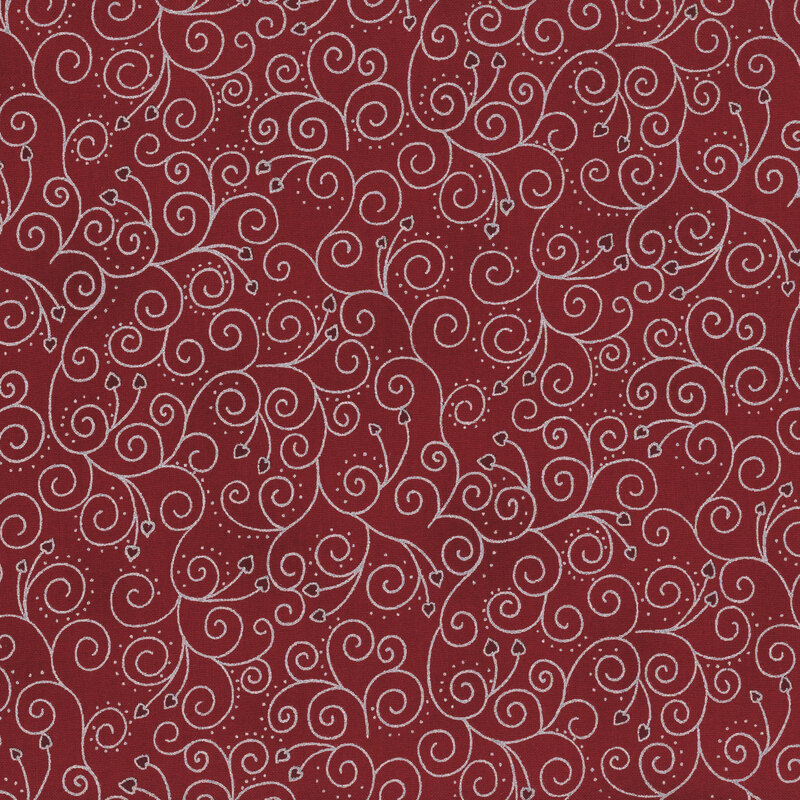 Deep red fabric with silver metallic scrolling vines and hearts.