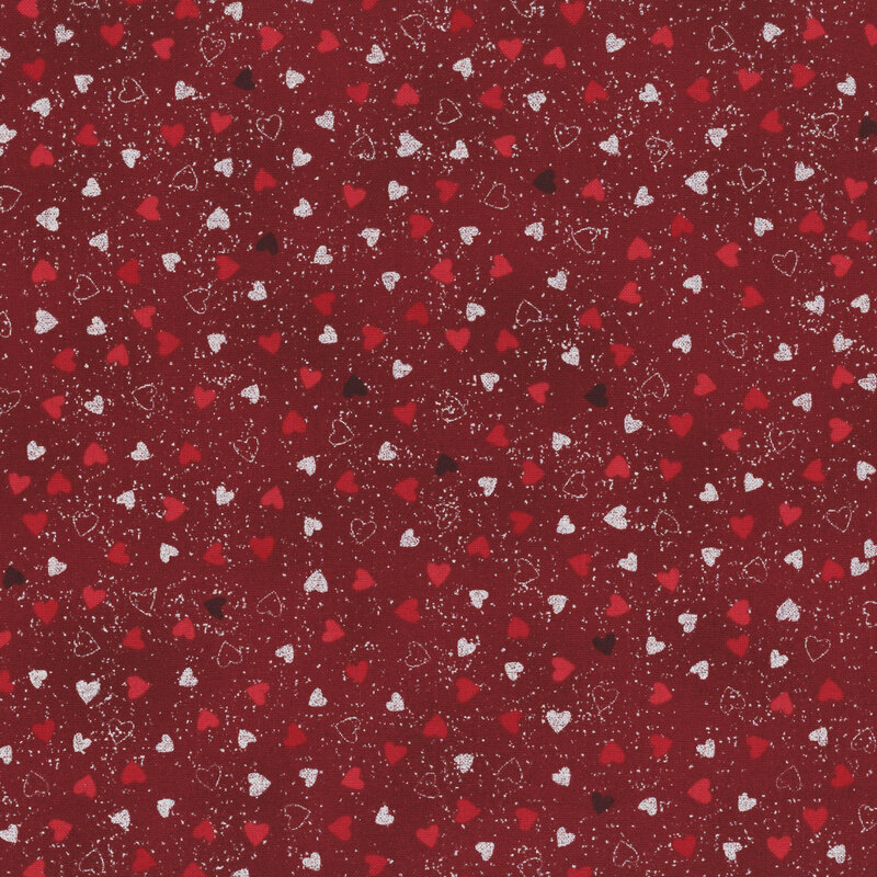 Deep red fabric with red, tonal, and silver metallic hearts.