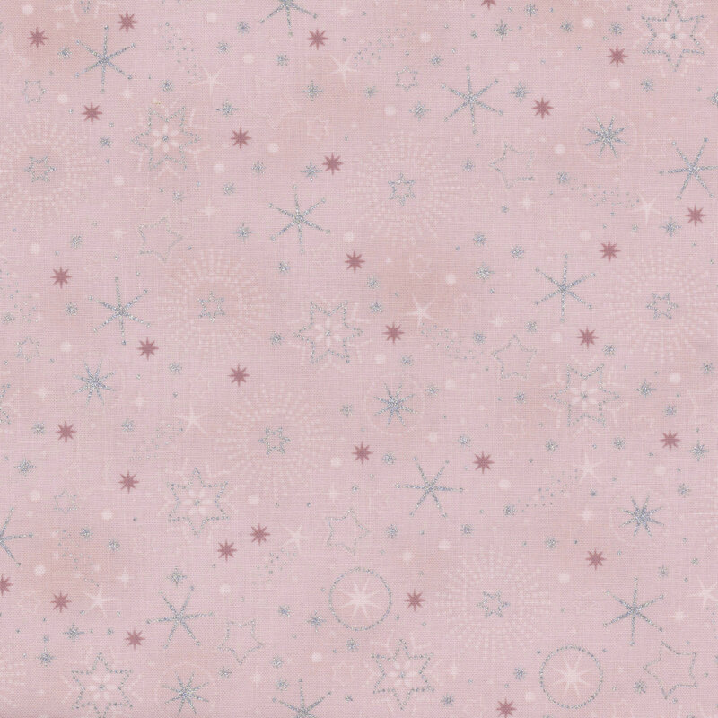 Light pink fabric with tonal and silver metallic snowflakes and stars.