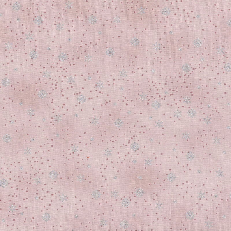 Light pink fabric with silver metallic snowflakes and tonal dots.