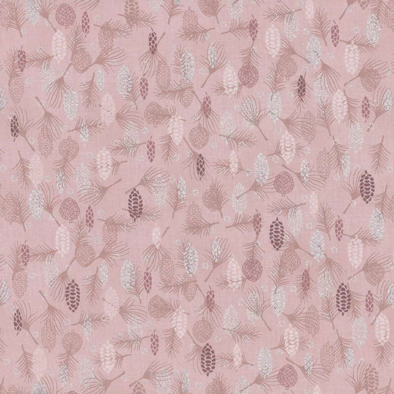 Light pink fabric with tonal and silver metallic pine cones and branches.