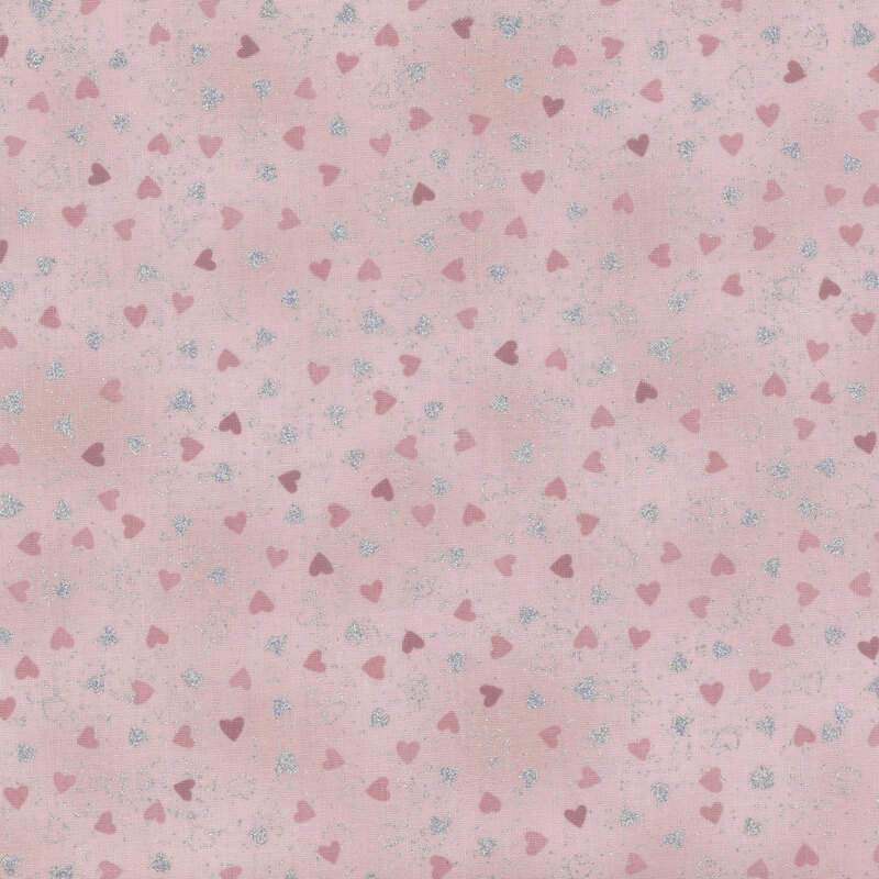 Mottled light pink fabric with tonal and silver metallic hearts.