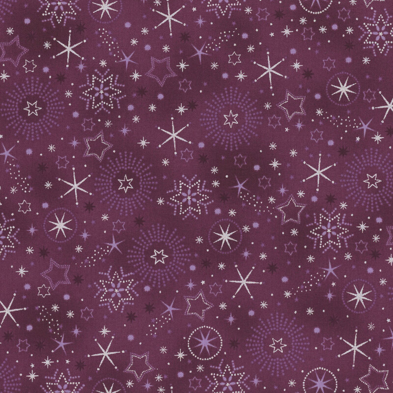 Mottled dark violet fabric with tonal and silver metallic stars and snowflakes.