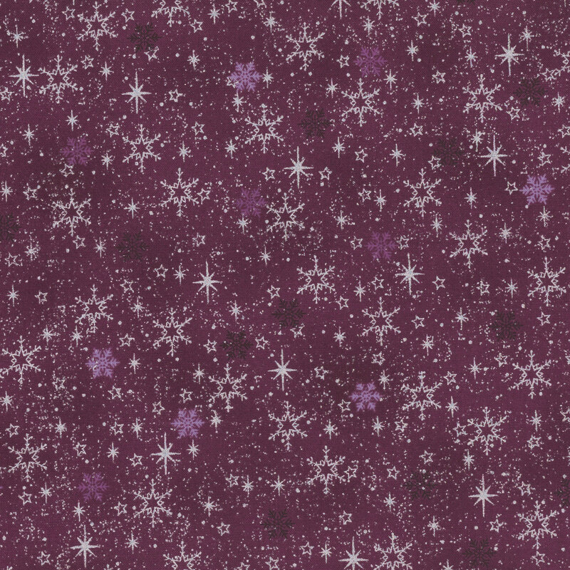 Mottled dark violet fabric with silver metallic snowflakes and stars.