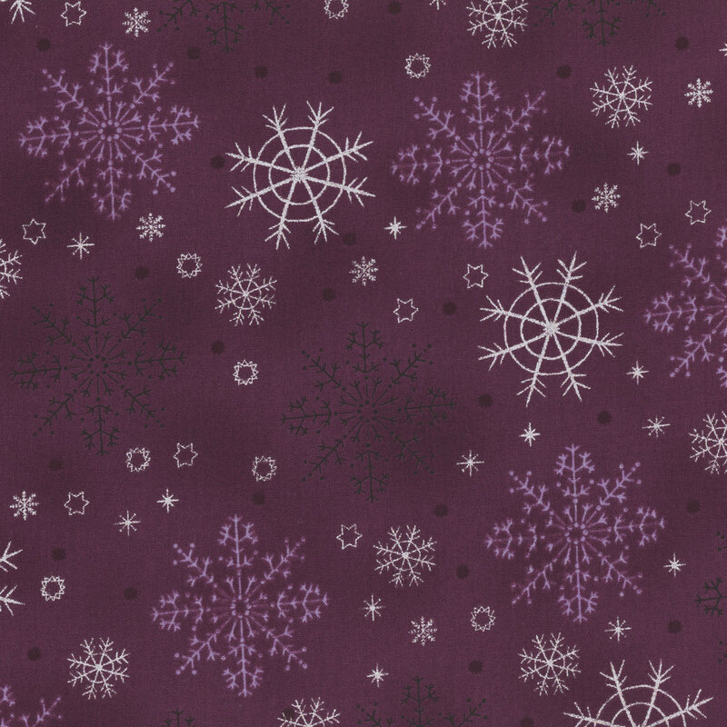 Mottled dark violet fabric with tonal and silver metallic large snowflakes.