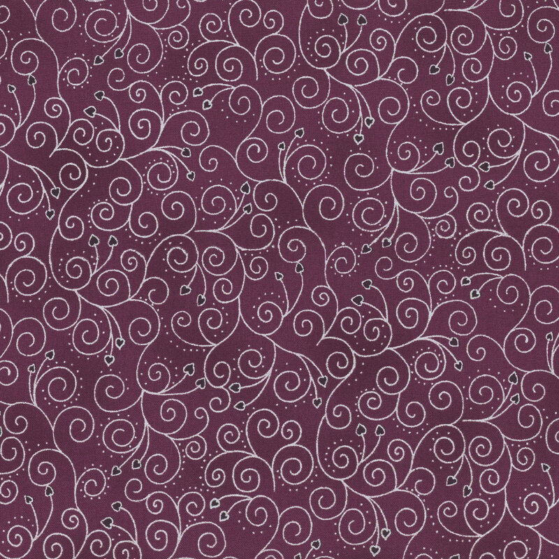 Mottled dark violet fabric with silver metallic scrolling vines and hearts.