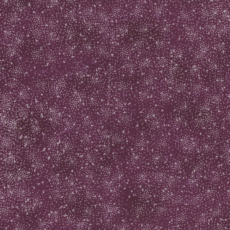 Dark violet mottled fabric with silver metallic stipple dots.