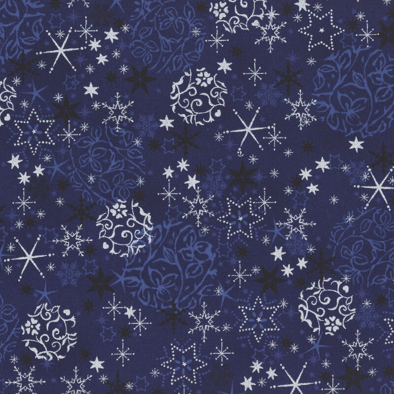 Dark blue fabric with tonal and silver metallic ornaments and snowflakes.