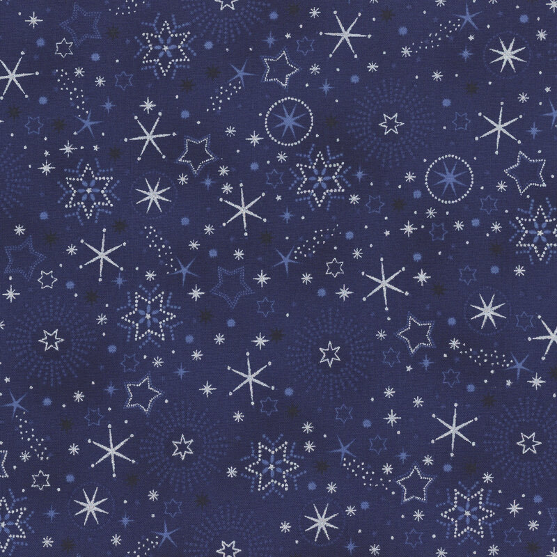 Dark blue mottled fabric with various star and snowflake designs in blue and silver metallic.