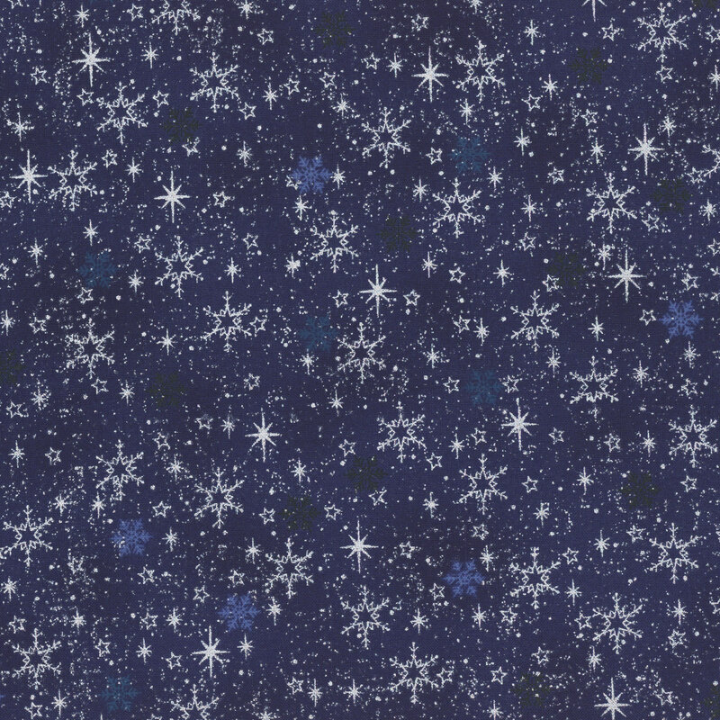 Mottled dark blue fabric with packed silver metallic and tonal snowflakes.