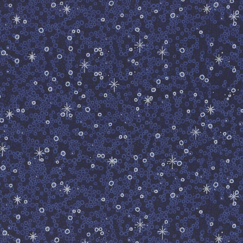 Dark blue fabric with tonal and silver metallic stars, circles, and dots.