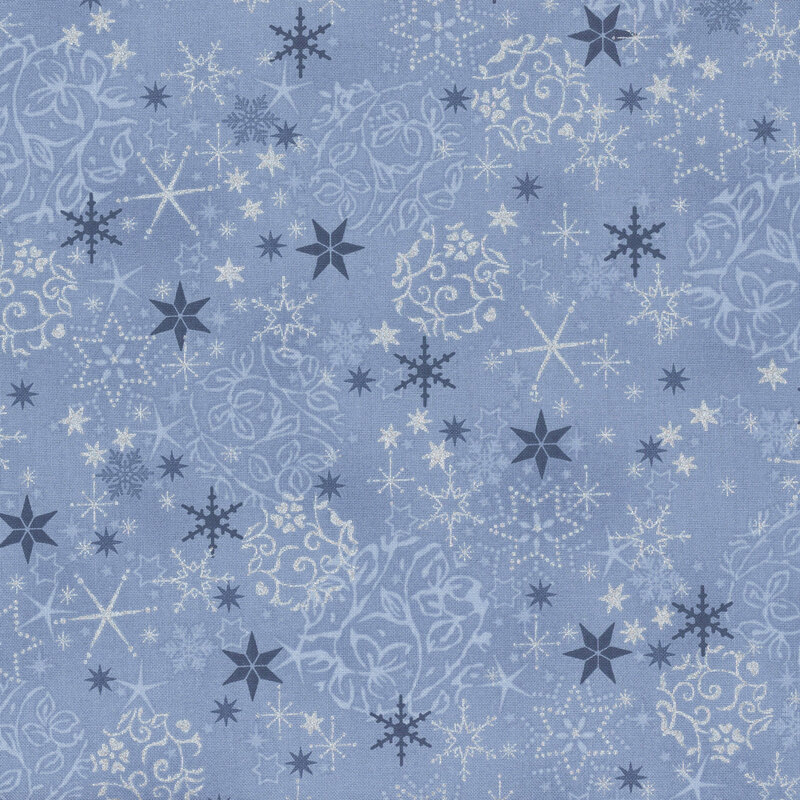 Light blue fabric with tonal and silver metallic snowflakes and stars.