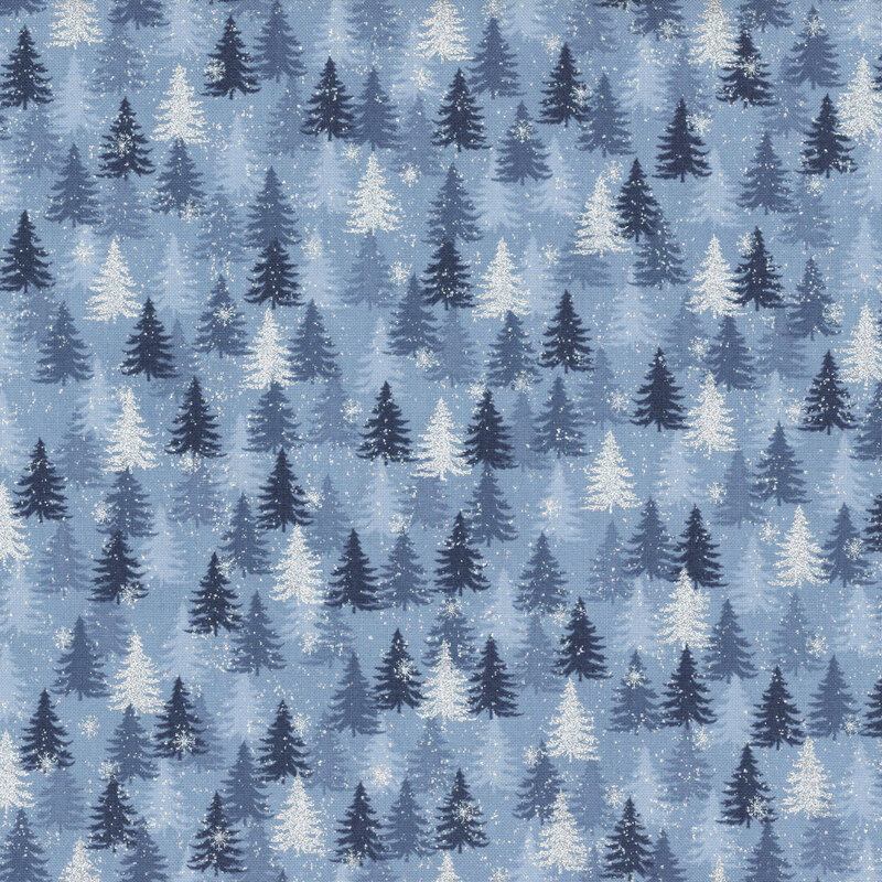 Light blue fabric packed with tonal and silver metallic pine trees.