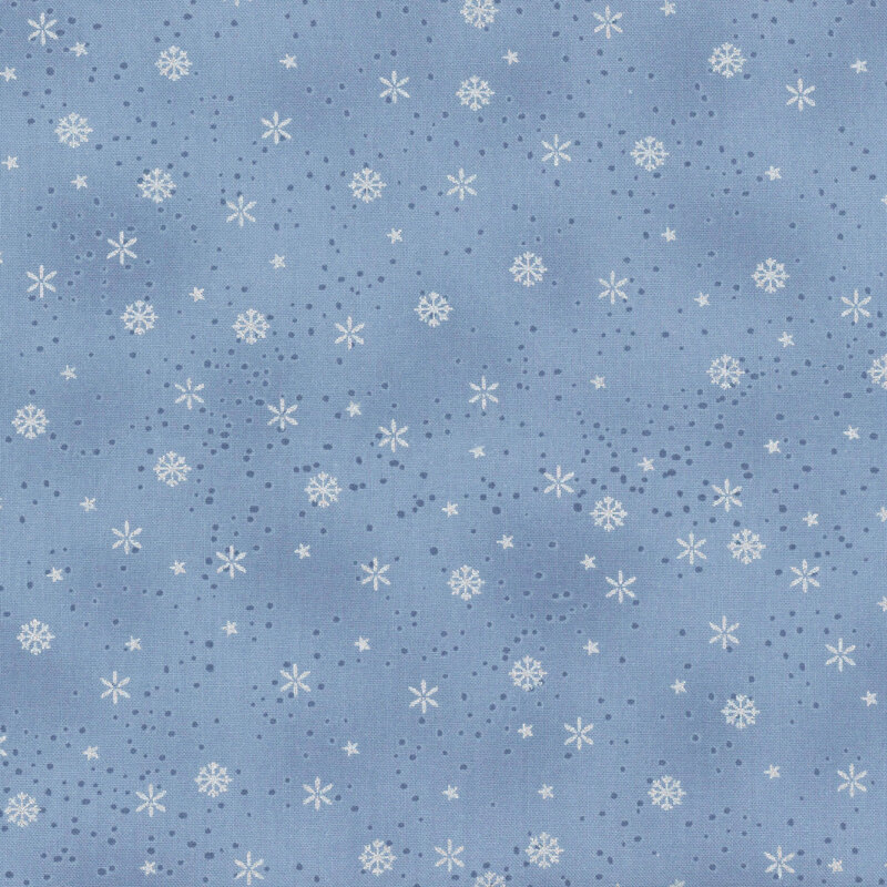 Mottled light blue fabric with small tonal dots and silver metallic snowflakes.