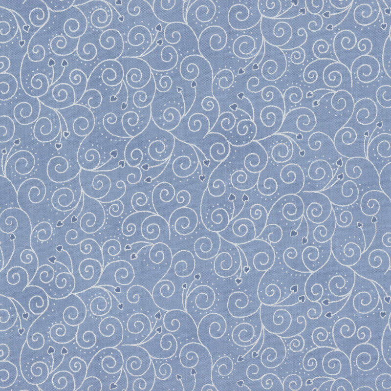 Mottled light blue fabric with scrolling silver vines and tonal hearts.