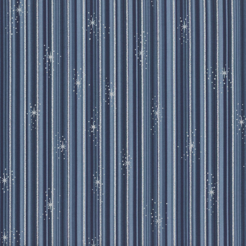 Light blue fabric with tonal, dark blue, and silver metallic stripes and stars.