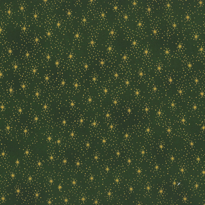 Mottled deep green fabric with gold metallic stars and pin dots.